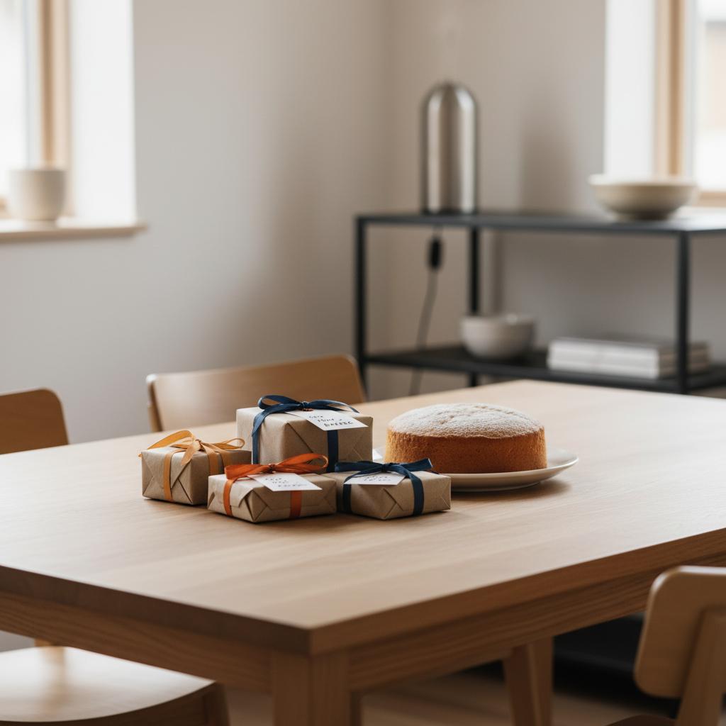 Nahaufnahme Esstisch mit kleinen Geschenken und einfachem Vanillekuchen in warmer Lichtstimmung, minimalistischer Steelmonks-Stil, Akzente #ff9800 und #0044CC — kurze geburtstagszitate frauen