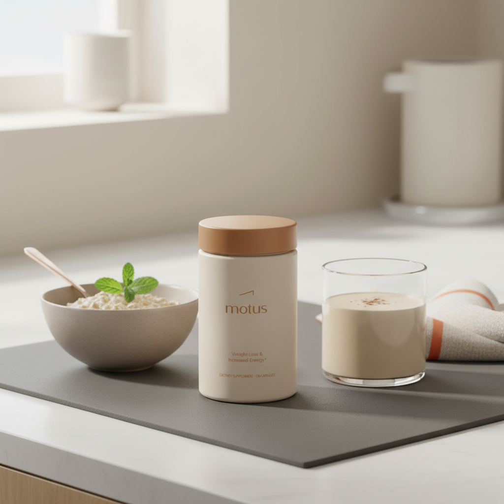 Close-up of Motus supplement bottle on a kitchen counter beside a meal-replacement shake, a small bowl of oats and a mint sprig — best powder for weight loss