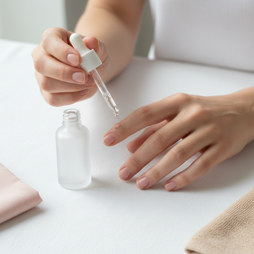 Nahaufnahme gepflegter Hände auf weißem Leinen, eine Hand trägt mit klarer Glaspipette Nagelöl auf den Nagel auf – Fokus auf längsrillen und Nageltextur.
