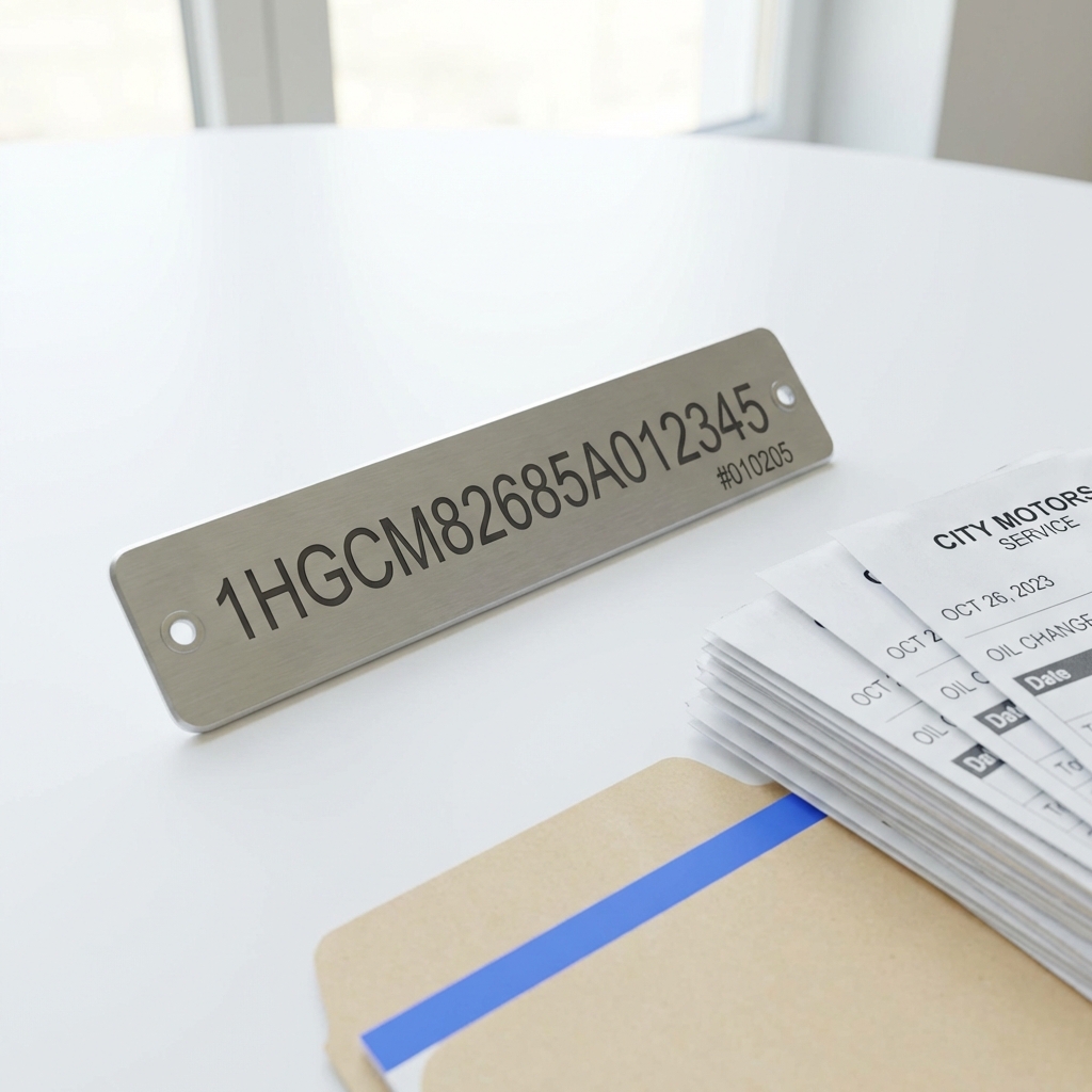 Close up photo of a car VIN plate and maintenance receipts on a clean white table with blue accents for car value estimator minimalist layout