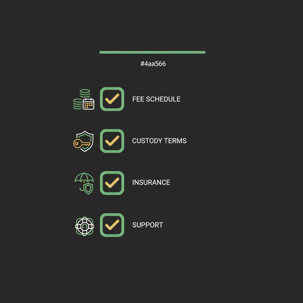 Minimalist 2D vector checklist with icons for fee schedule custody terms insurance and support on dark background for best platform to buy cryptocurrency
