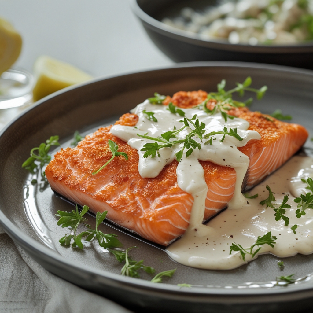 Final Garlic Parmesan Crusted Salmon with Lemon-Dill Yogurt Sauce