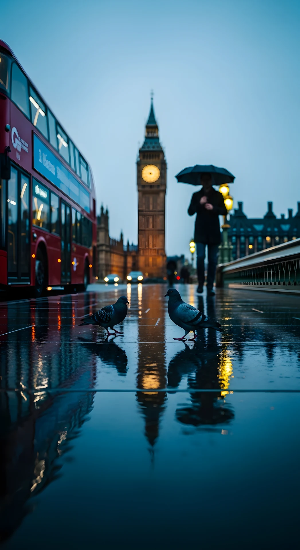 Close-up of Pigeons and Bus on Rainy Westminster Bridge with Big Ben in Background - Free 4K mobile Wallpaper