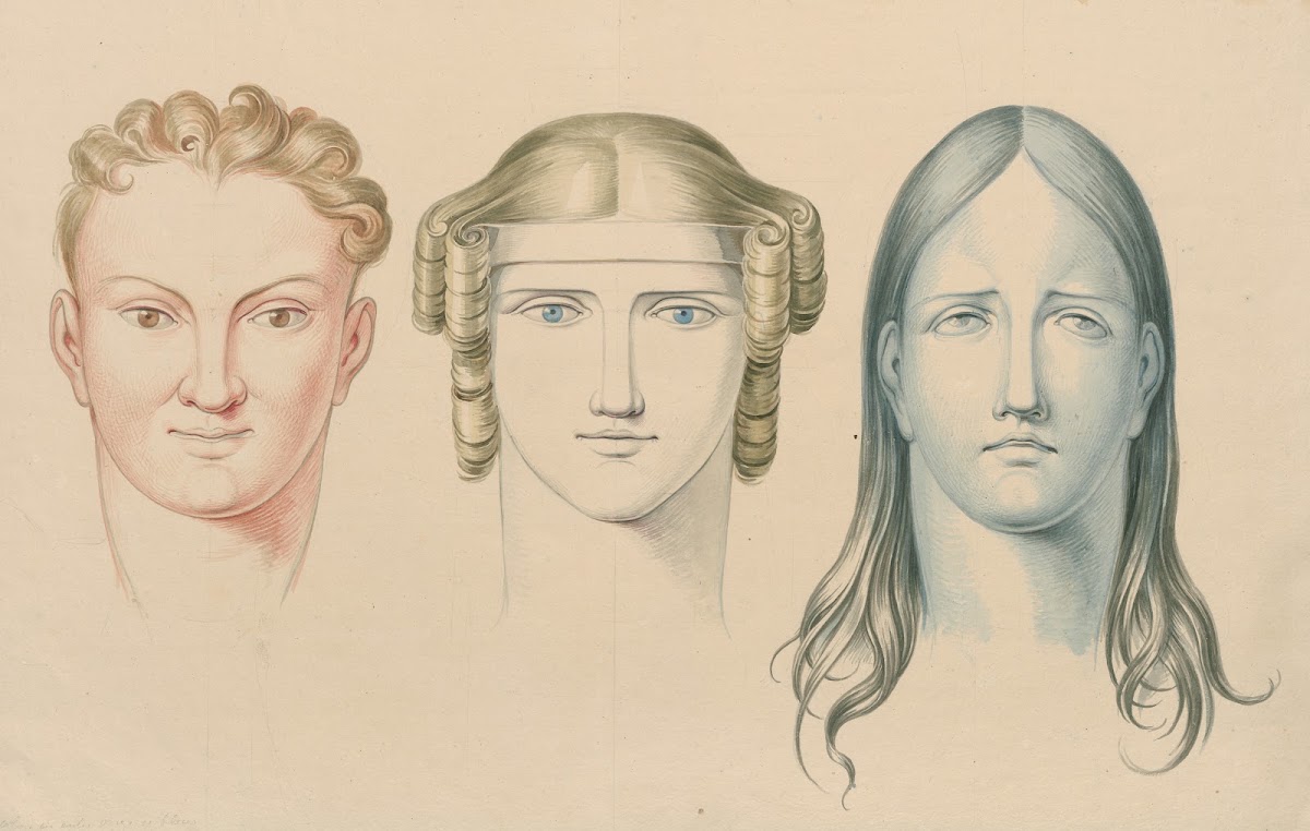 The heads of a man and two women showing ascending horizontal and descending lin