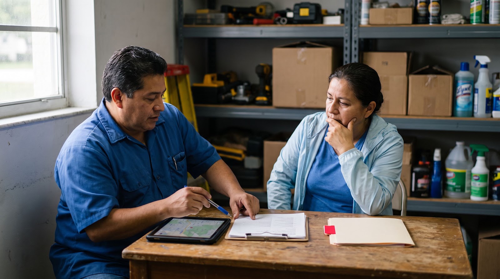 Hispanic small business owners reviewing florida business interruption hurricane insurance coverage options inside their shop