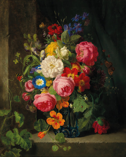 A Large Bouquet of Flowers with Roses Nasturtium and Butterflies