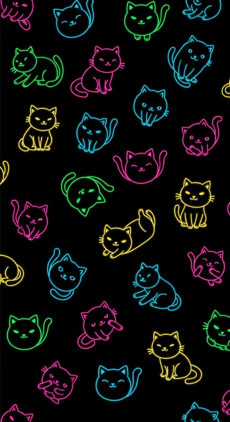 Vertical Seamless Pattern of Multi-Color Neon Cat Outlines on a Black Background - Free 4K mobile Wallpaper