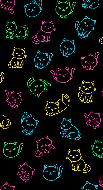 Vertical Seamless Pattern of Multi-Color Neon Cat Outlines on a Black Background - Free mobile Wallpaper