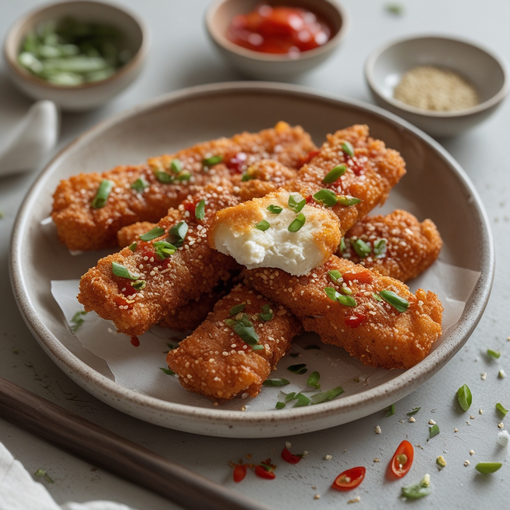 Crispy Gochujang Mozzarella Sticks with Sweet Chili Dipping Sauce