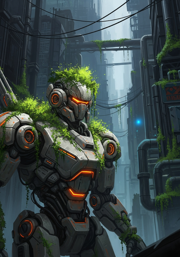 Post-Apocalyptic Nature Robot Overgrown City Art