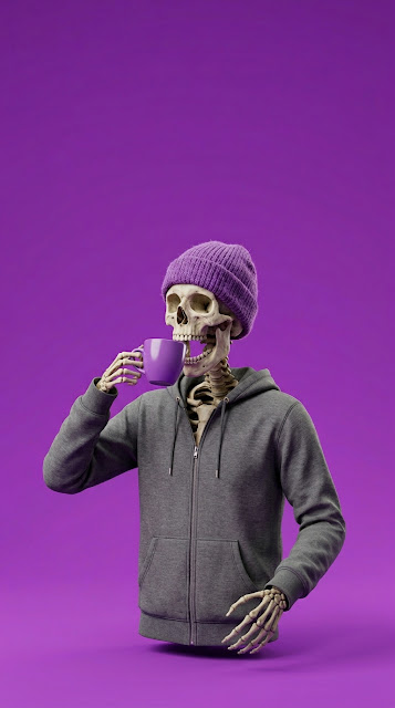 3D Render of a Skeleton in a Beanie Drinking Coffee on a Purple Background - Free mobile Wallpaper