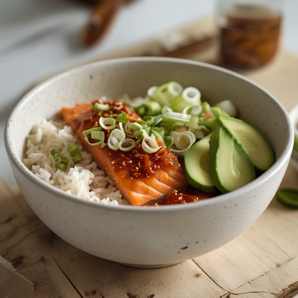Maple-Sriracha Salmon Power Bowl with Crispy Rice & Quick-Pickled Cucumbers