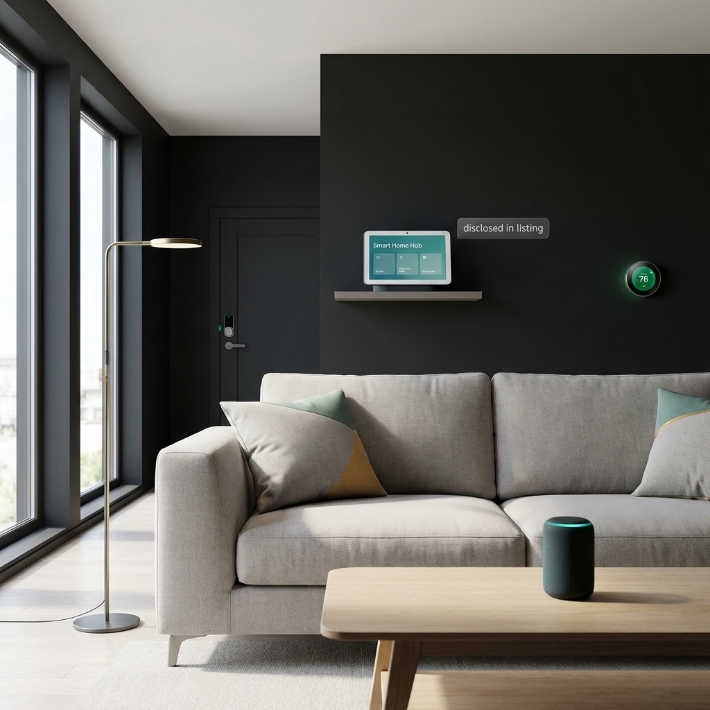 how to buy airbnb property with no money minimalist living room with visible smart devices and a small disclosed in listing caption bubble