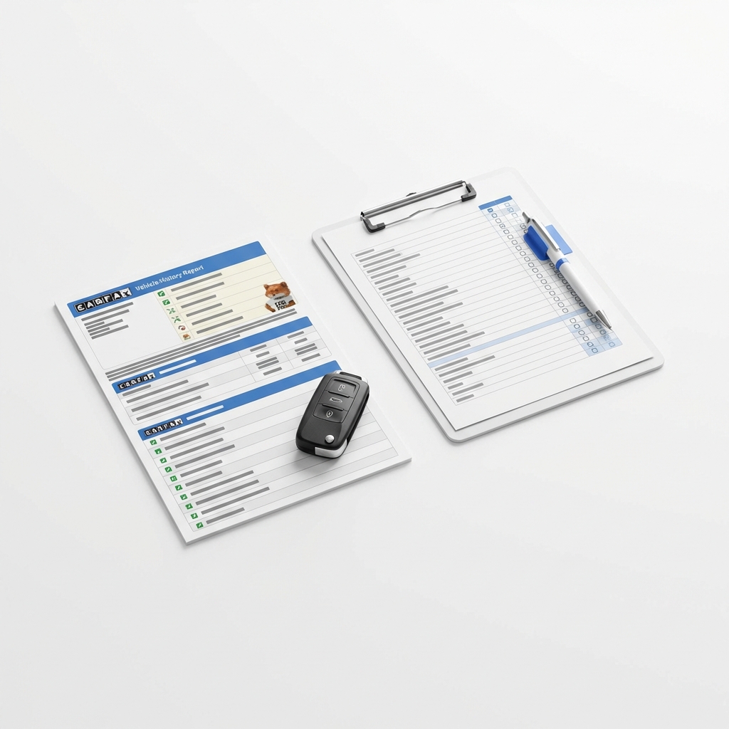 Close up of a printed vehicle history report next to a car key and inspection checklist on a white table minimalist layout with blue accents used suv for sale