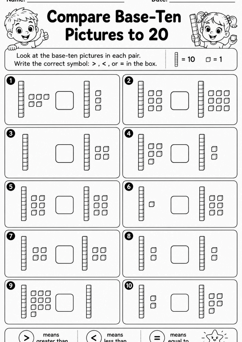 Compare Base-Ten Pictures to 20 Worksheet