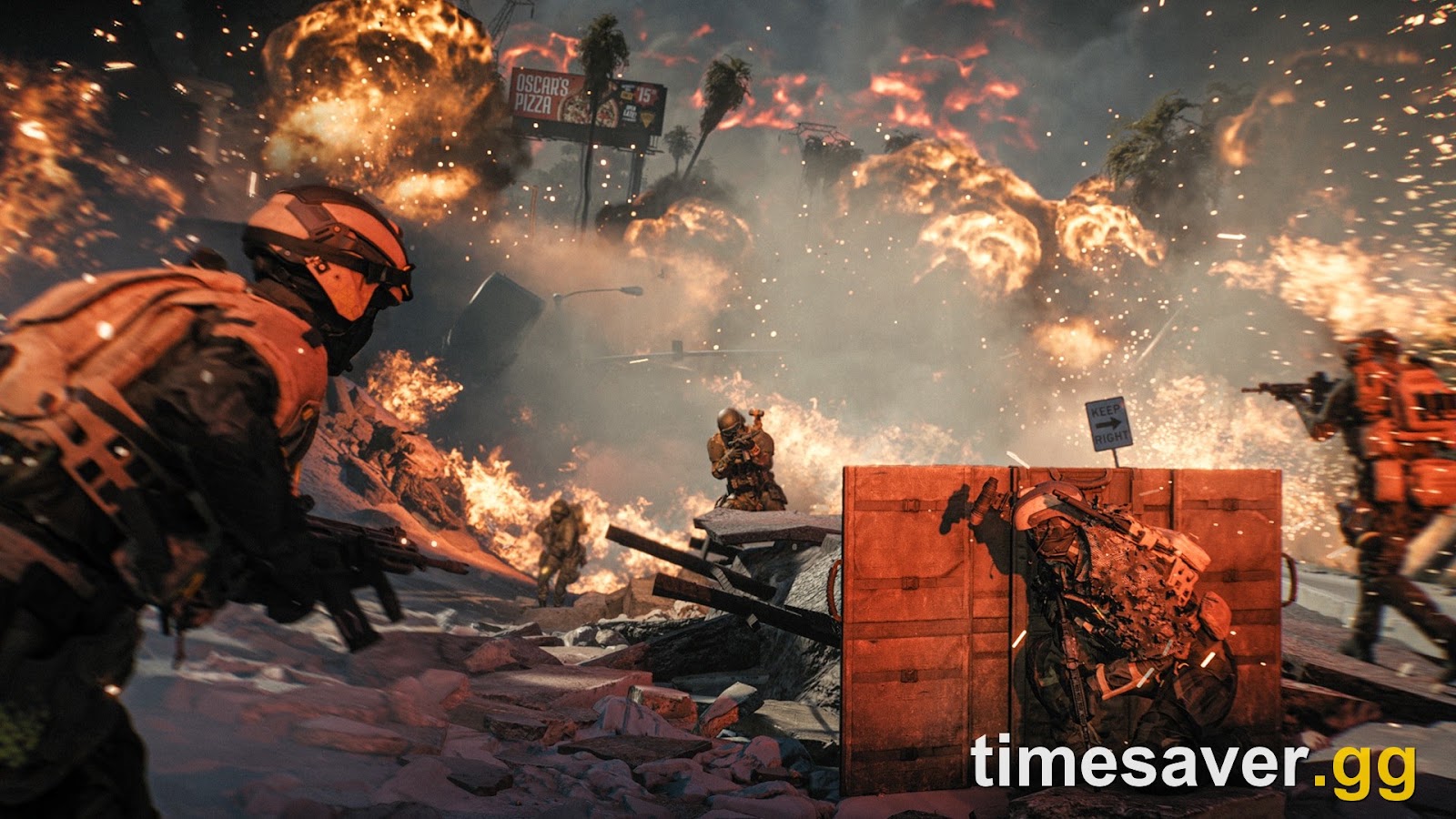 Battlefield REDSEC screenshot of soldiers in orange gear fighting across burning rubble as a wall of fire closes in behind a pizza billboard