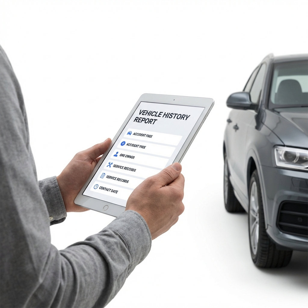 Close up of a tablet showing a vehicle history report held by a buyer next to a modern SUV for sale near me on white background in CarFax Deals style