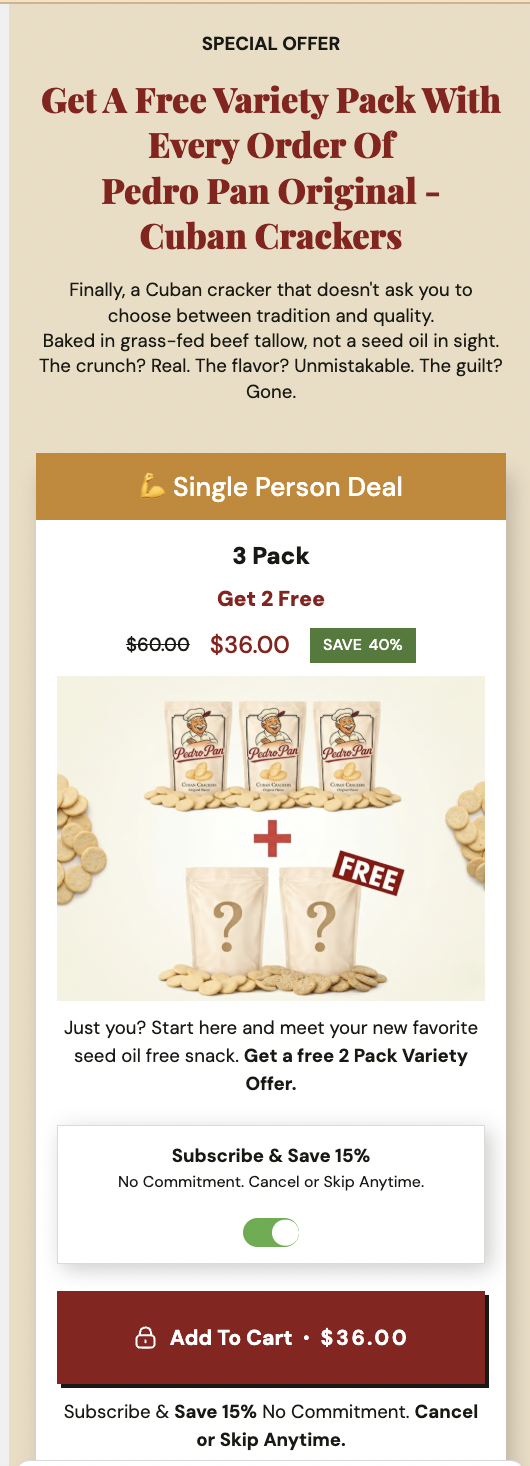 Pedro Pan paid traffic landing page