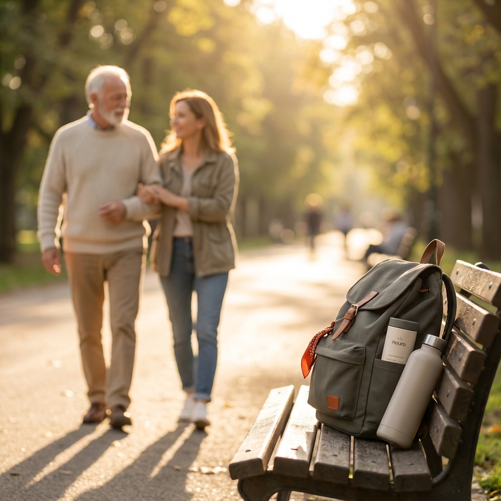 Older adult and adult child walking in a golden-hour park with a Tonum Nouro bottle subtly placed on a bench in the foreground — can early detection slow dementia