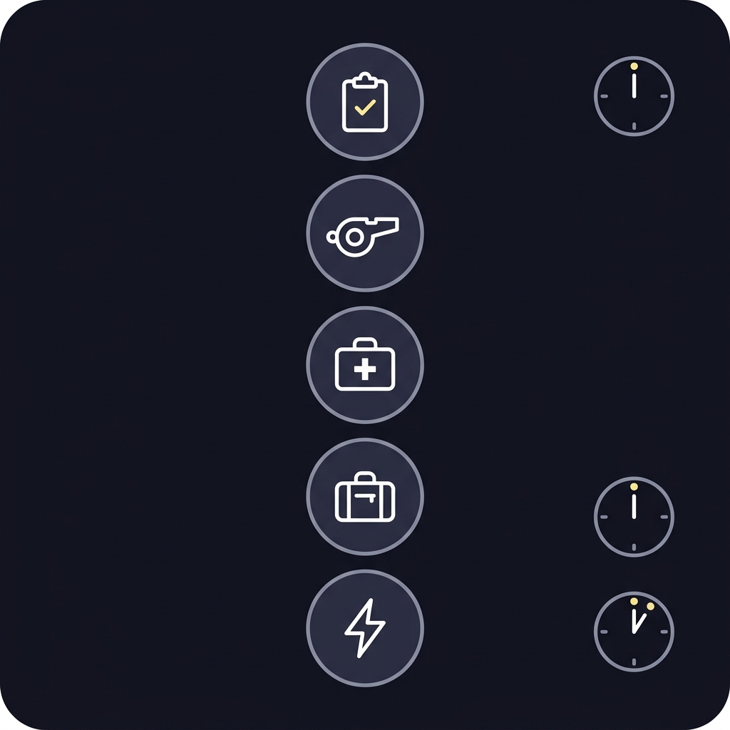 Minimalist 2D vector game day checklist with five icon checks and two clocks indicating 60 minutes and 5 minutes in Funded Plays color palette kawhi leonard props