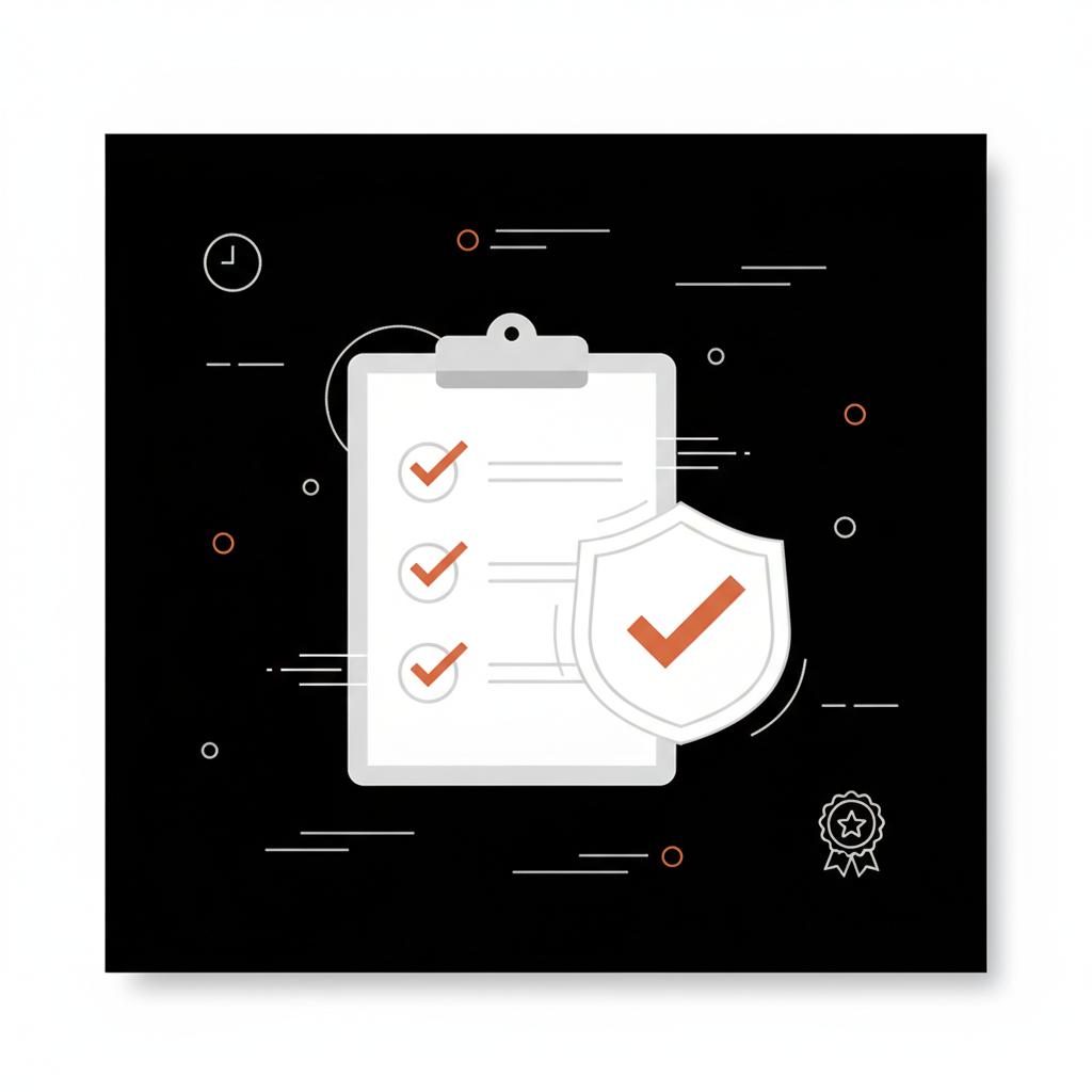 Minimal flat vector checklist clipboard and shield icon on black background using Social Success Hub colors, minimalist infographic illustrating being verified on Instagram
