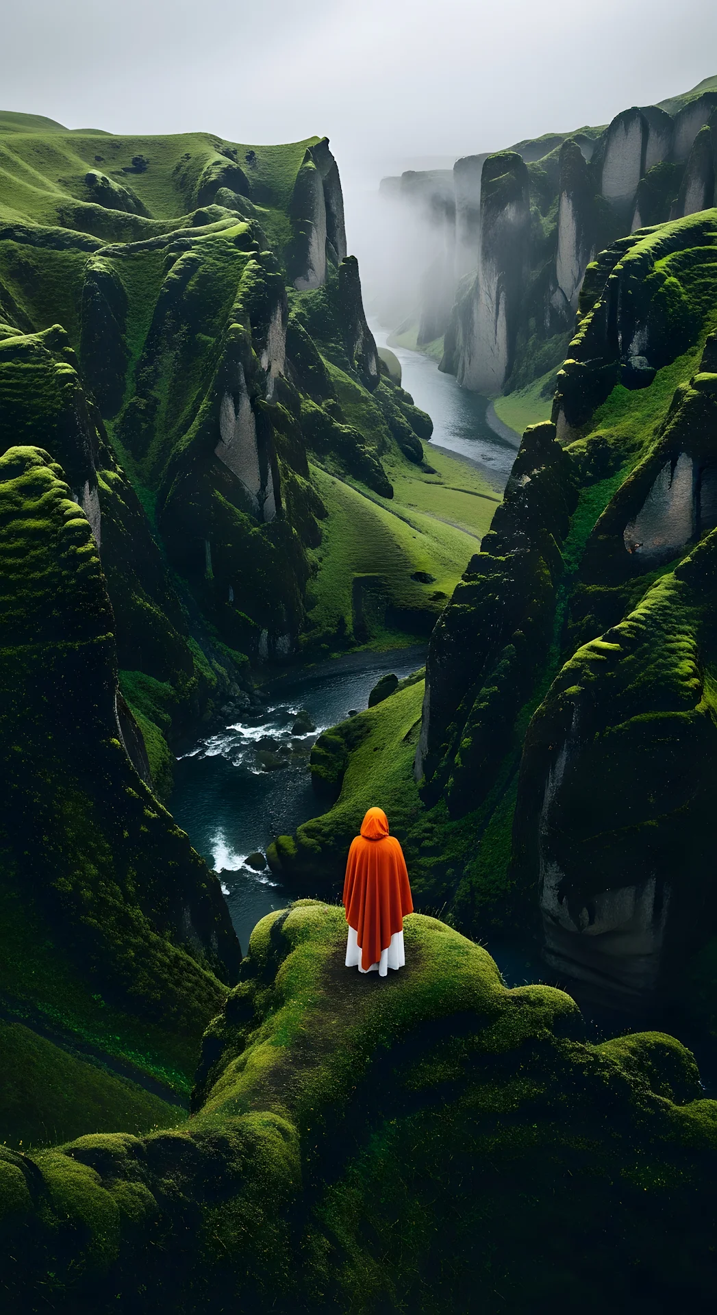 Vast and Epic High-Angle View of a Person in an Orange Cloak Overlooking a Deep Green River Canyon in Heavy Mist - Free 4K mobile Wallpaper