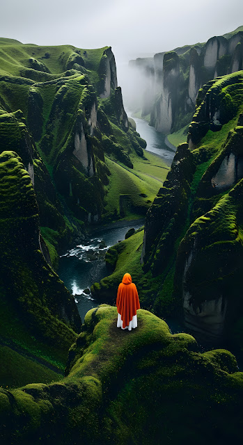 Vast and Epic High-Angle View of a Person in an Orange Cloak Overlooking a Deep Green River Canyon in Heavy Mist - Free mobile Wallpaper