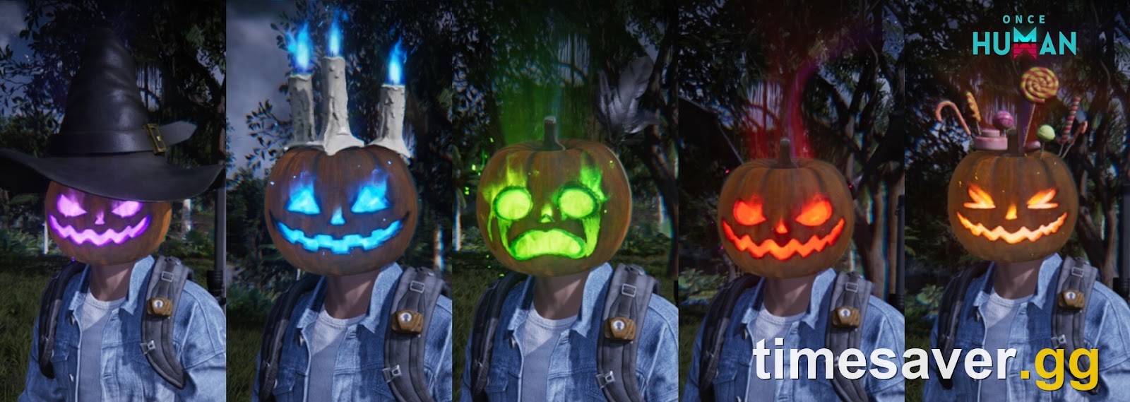 Official screenshot of five Once Human Jack-o'-Lantern Headgear variants from the Halloween 2026 event