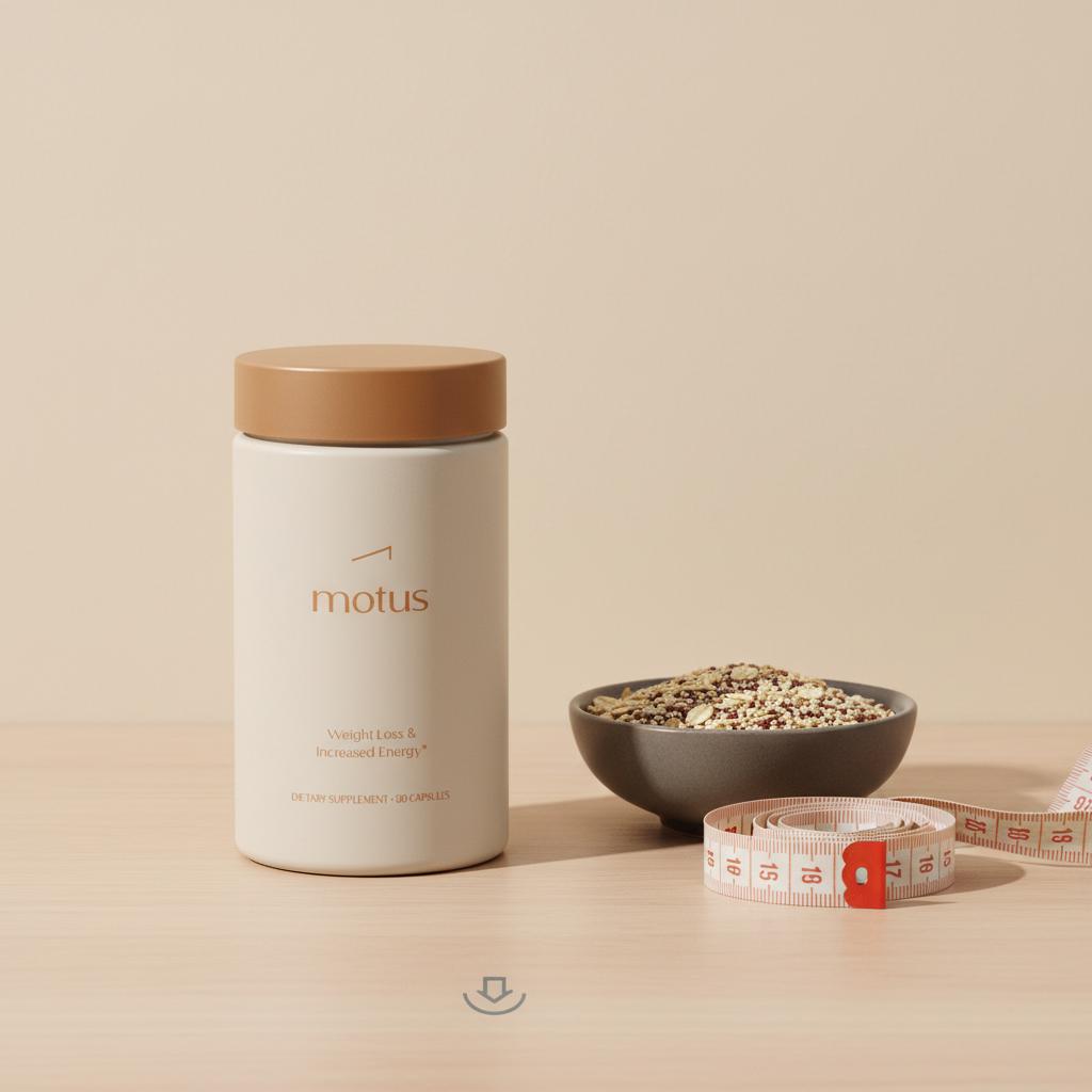 Tonum Motus bottle beside a bowl of mixed whole grains and a measuring tape on a light wood table, illustrating sudden calorie increase in a minimalist health context
