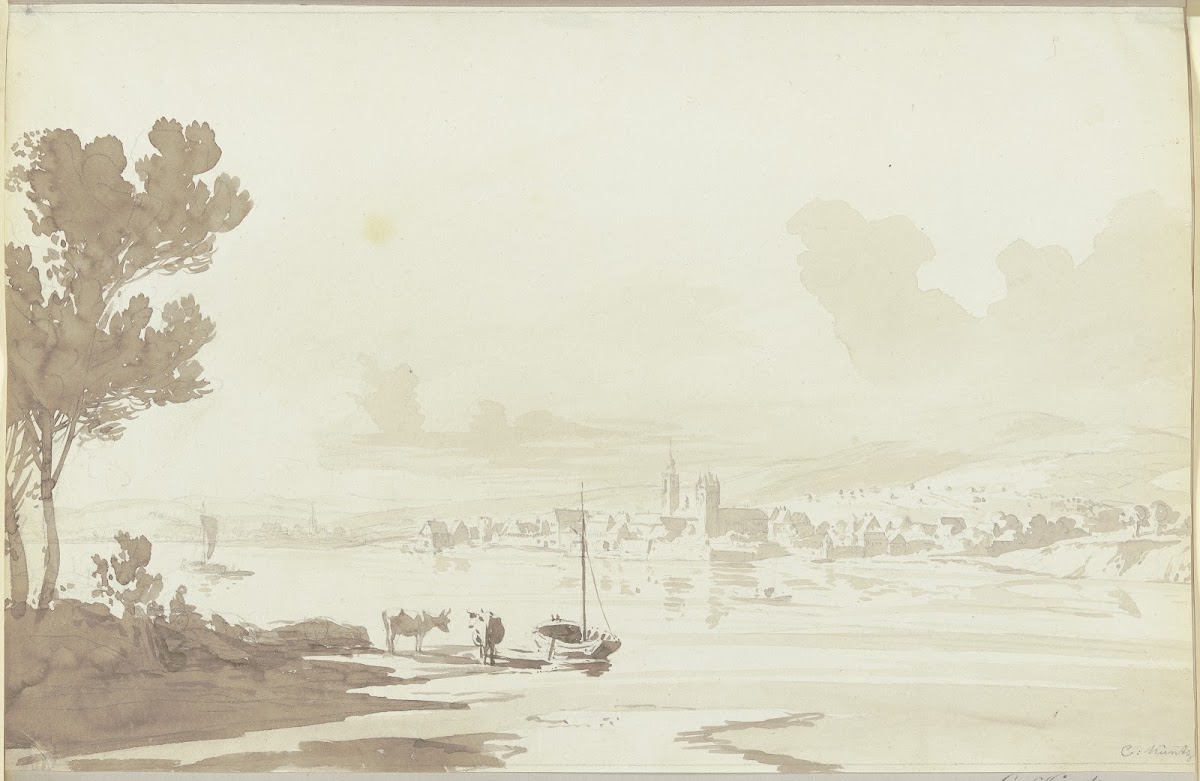 Flusslandschaft vorne eine Herde im Hintergrund eine Stadt