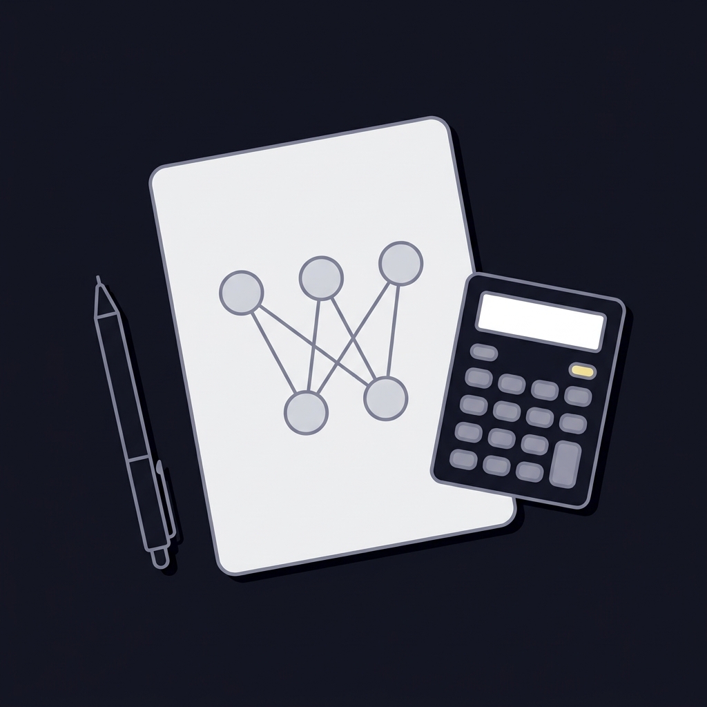 Minimal 2D vector of a permutations chart on paper beside a calculator and pen representing betting a trifecta on a dark Funded Plays style background