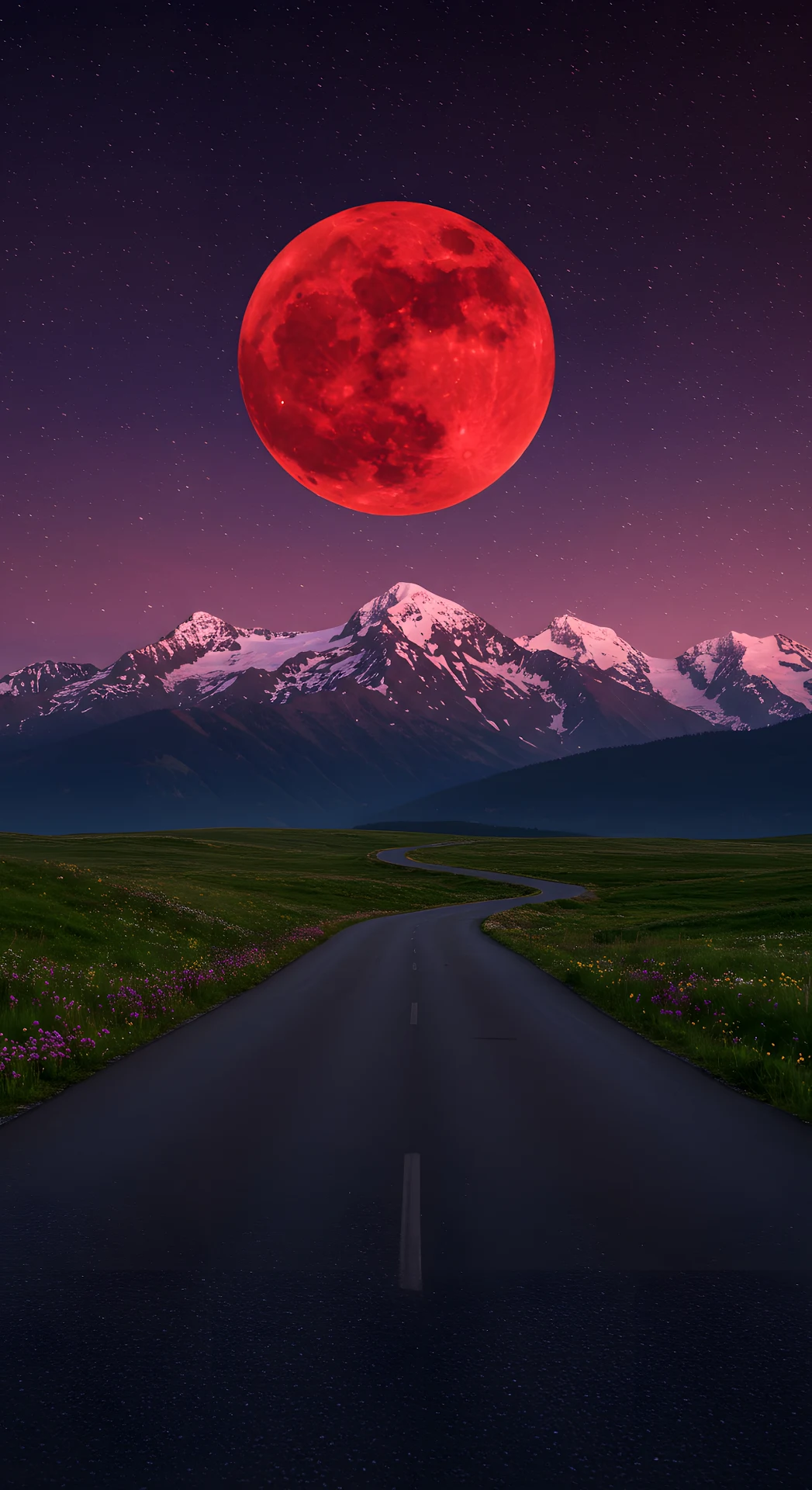 Eerie Blood Moon Over Snowy Peaks and Winding Road - Free 4K mobile Wallpaper
