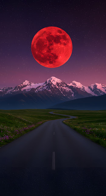 Eerie Blood Moon Over Snowy Peaks and Winding Road - Free mobile Wallpaper