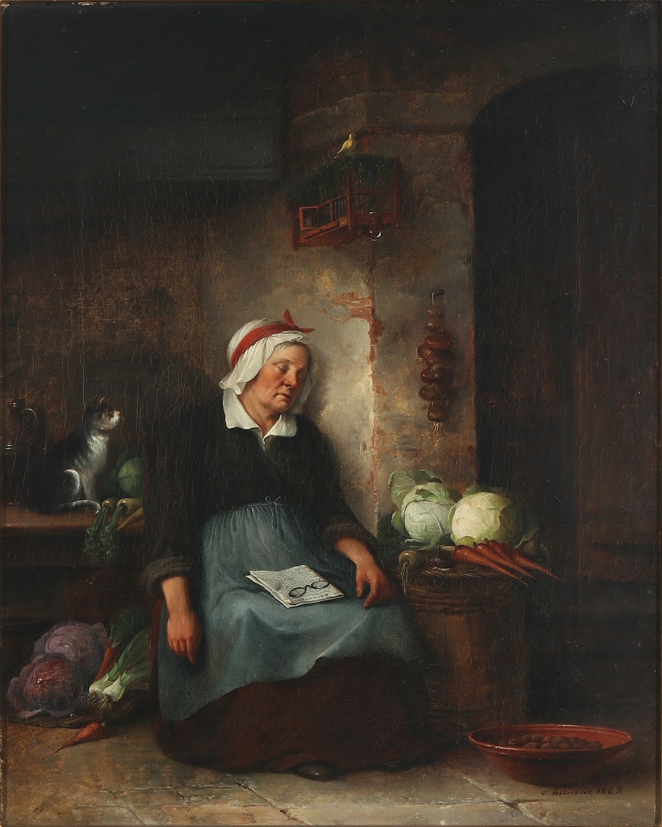 Interiør med en sovende kone 1869