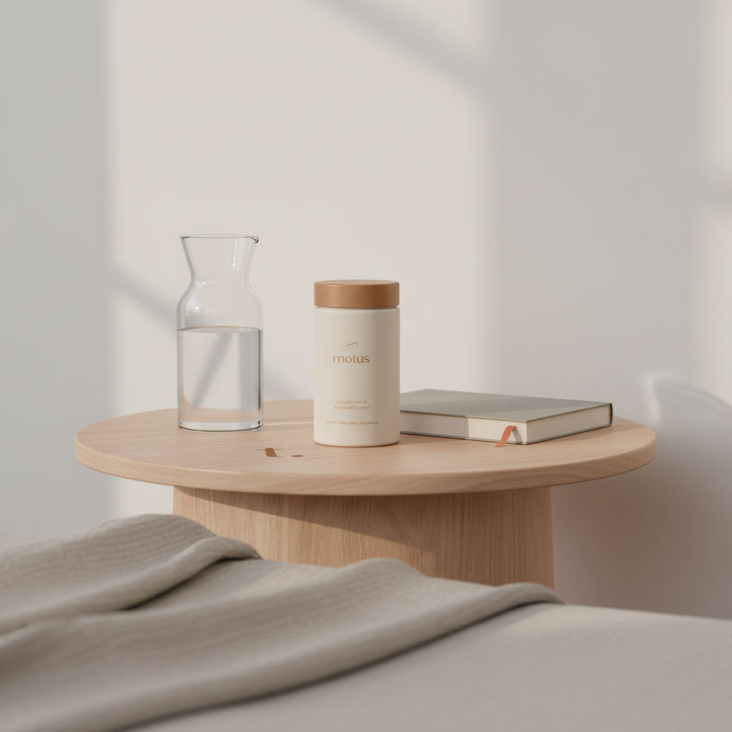 Minimal bedside scene with Motus supplement jar beside a water carafe and journal, calm clinical-meets-home mood focused on weight loss — will insurance pay for weight loss pills
