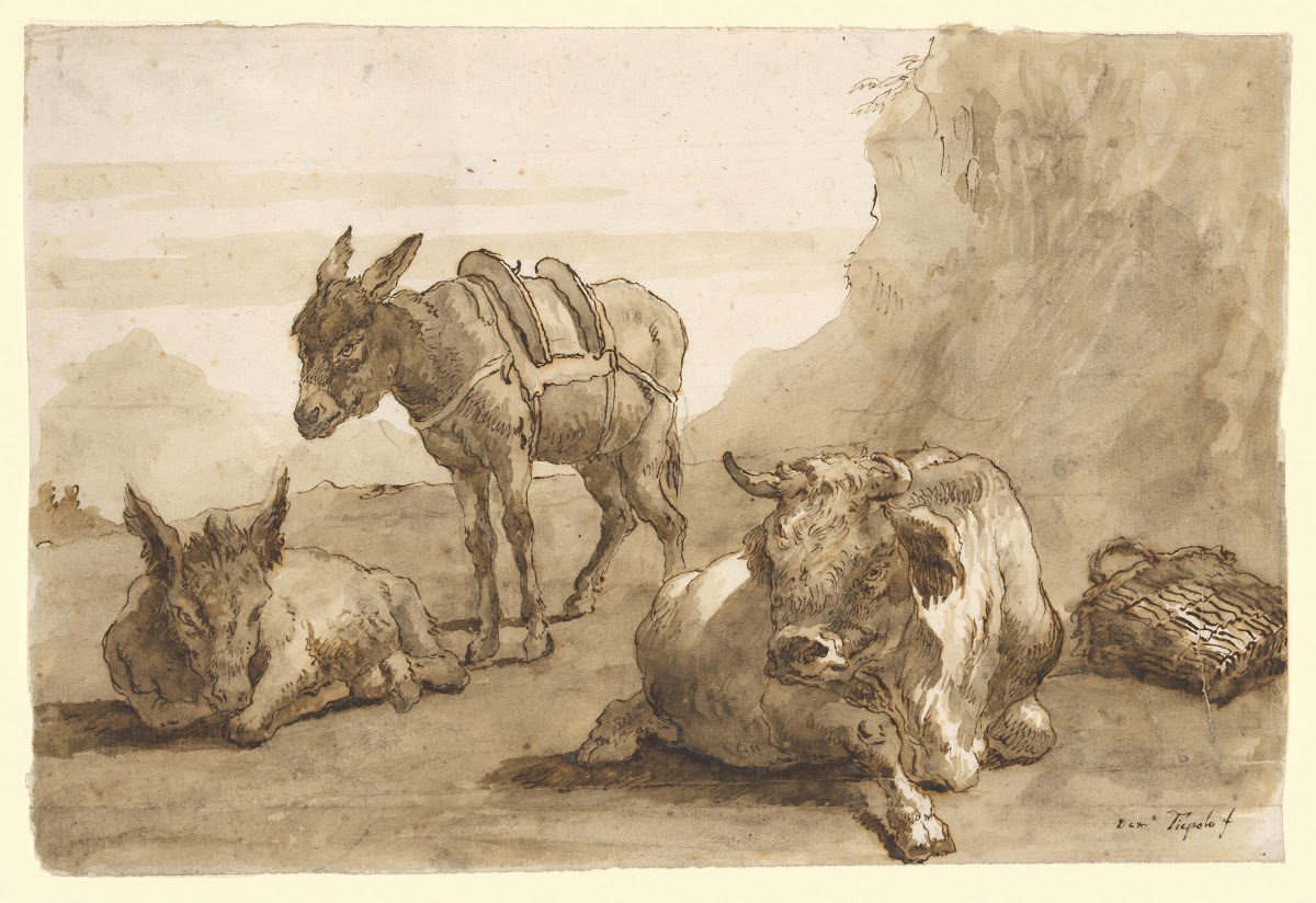 A Bull Lying Down and Two Donkeys in a Landscape ca 176061