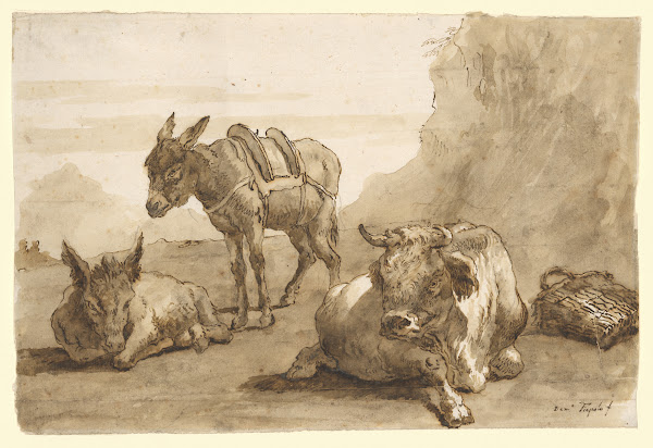 A Bull Lying Down and Two Donkeys in a Landscape ca 176061