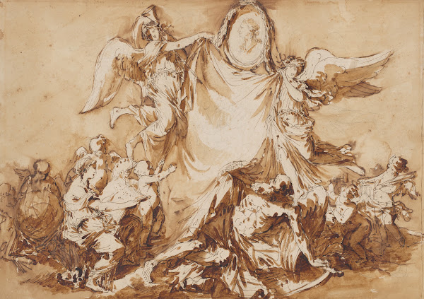 An Allegory Of The Arts Vanquishing Time Surmounted By A Medallion Portrait Of K
