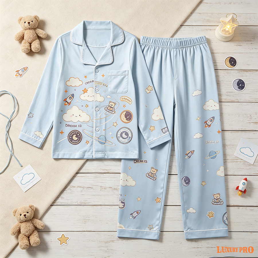 AOP Long Milk Silk Pajama Set With Pockets For Kids