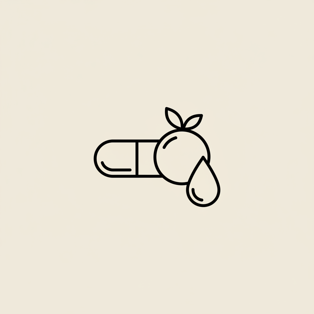 Minimalist Tonum-style line illustration of a capsule, a berry, and a water droplet on a beige background referencing vitamin D and healthy nutrition