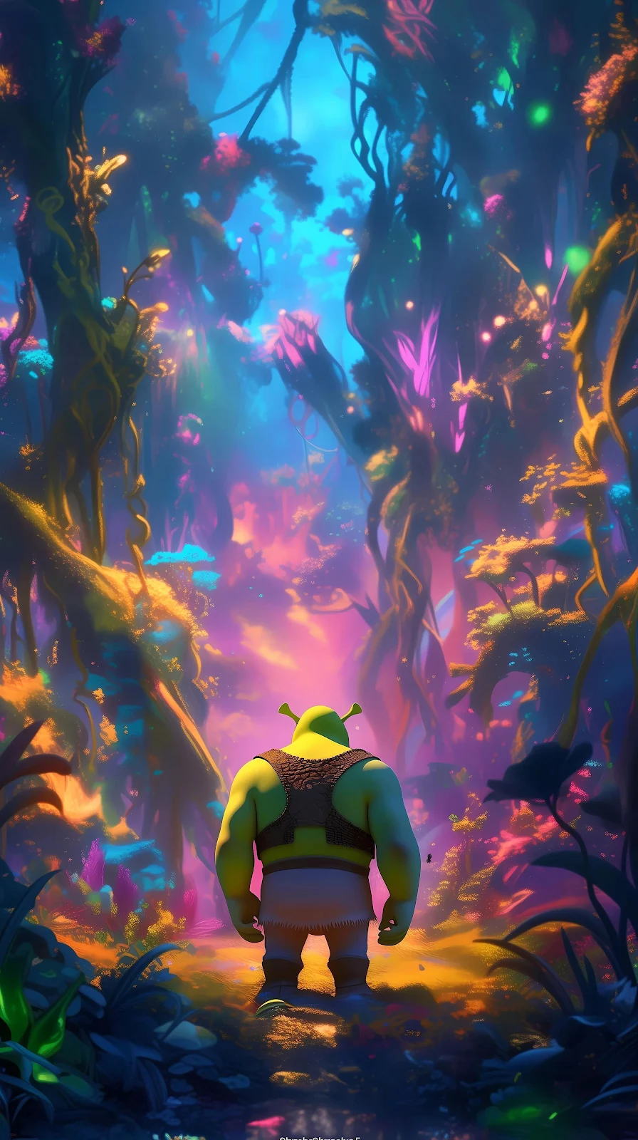Shrek in a Bioluminescent Forest - Digital Fantasy Art 4K iPhone Wallpaper (2240x4000)