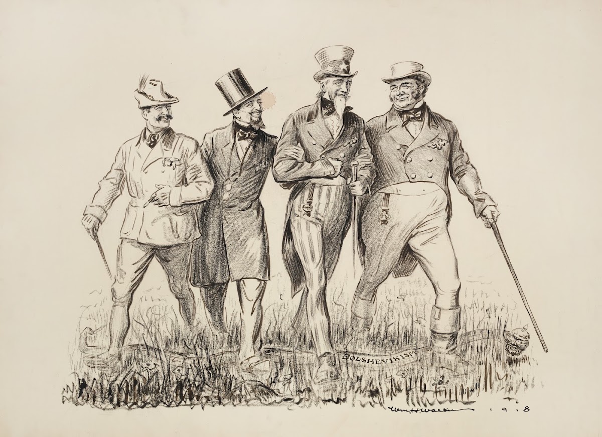 Four men walk happily together through a field including Uncle Sam and a man rep