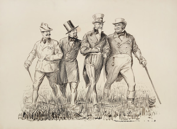 Four men walk happily together through a field including Uncle Sam and a man rep