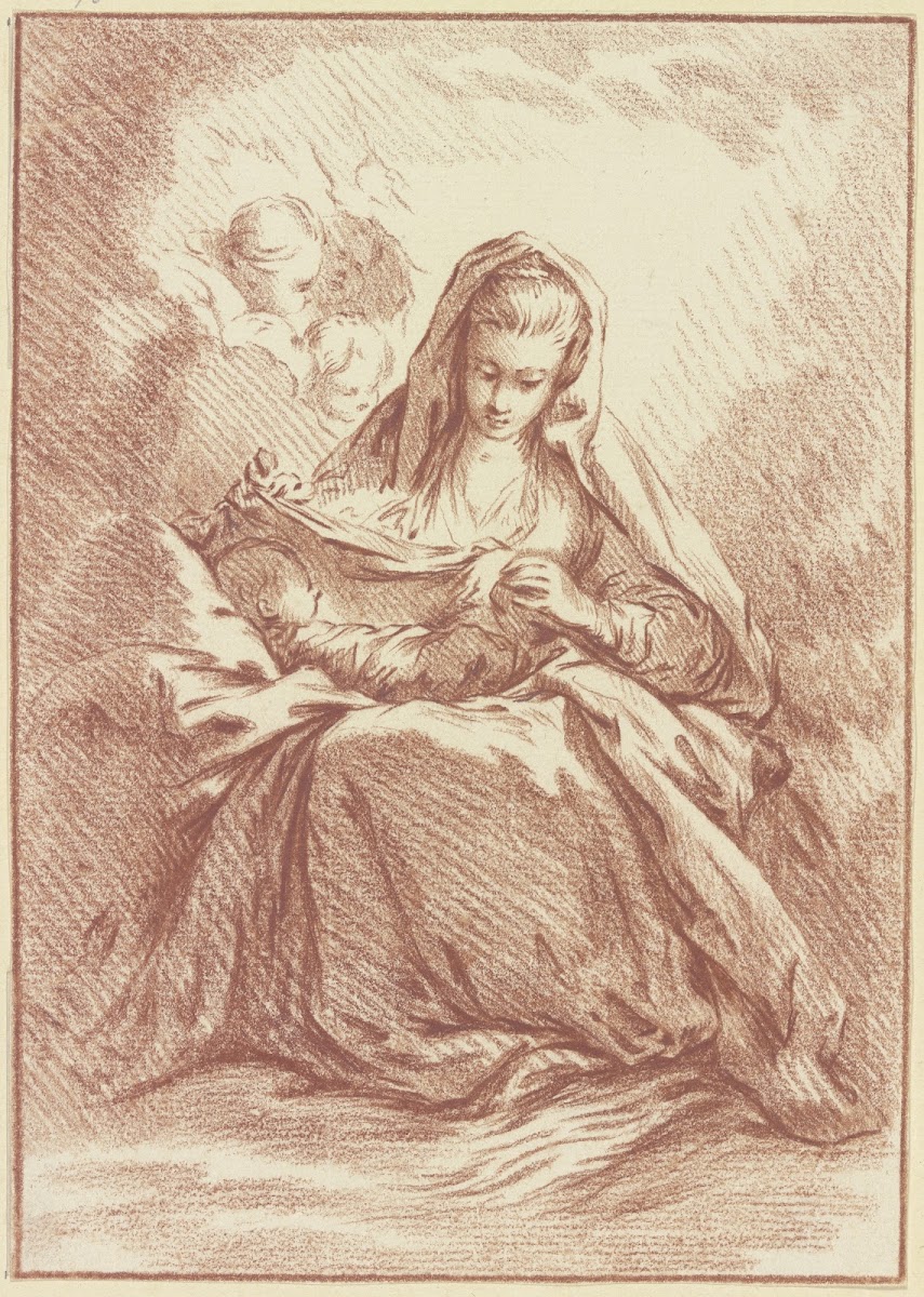 Madonna mit dem Kind auf dem Schoß und drei Engelsköpfchen