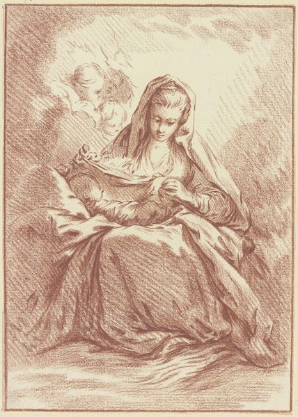 Madonna mit dem Kind auf dem Schoß und drei Engelsköpfchen