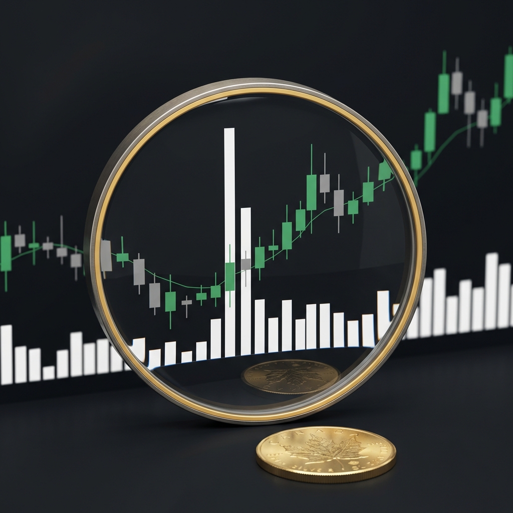 Close up candlestick chart and volume bars with a magnifier highlighting a volume spike and a single coin in market on a dark minimalist Finance Police background