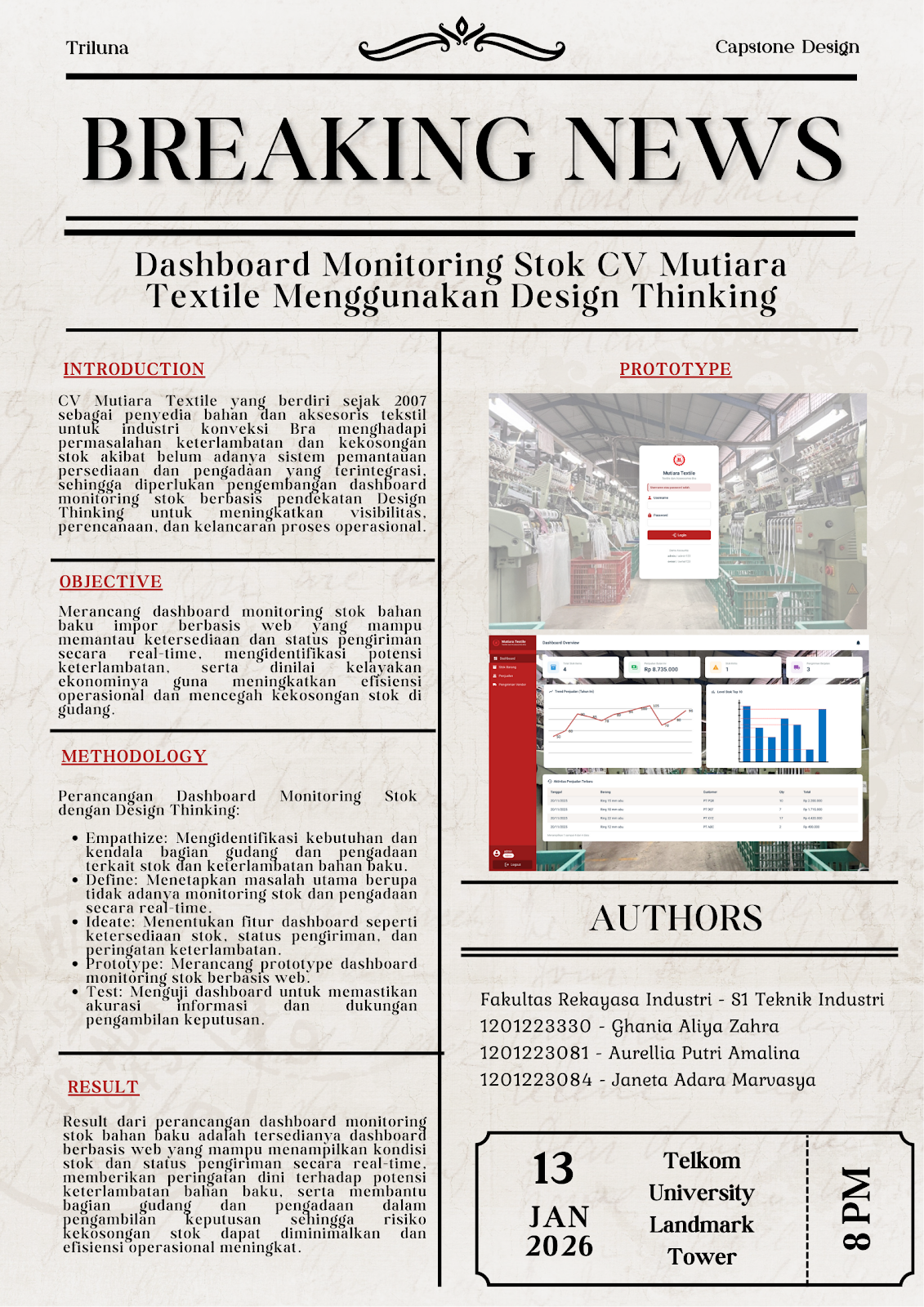 Dashboard Monitoring Stock CV Mutiara Textile Mengguankan Design Thinking