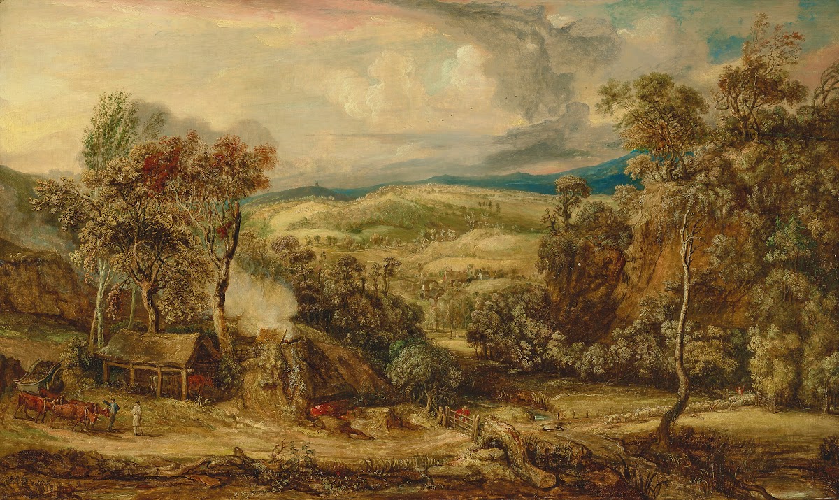 Fitzhead in Somerset with an ox cart near a lime kiln and Glastonbury Tor in the