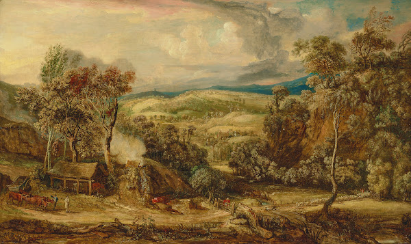 Fitzhead in Somerset with an ox cart near a lime kiln and Glastonbury Tor in the