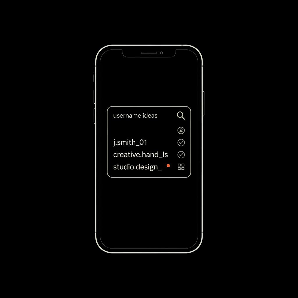 Minimal vector mobile profile mockup on black background showing three example handles, subtle magnifying glass and burnt-orange accents — visual for what to do if Instagram username is taken